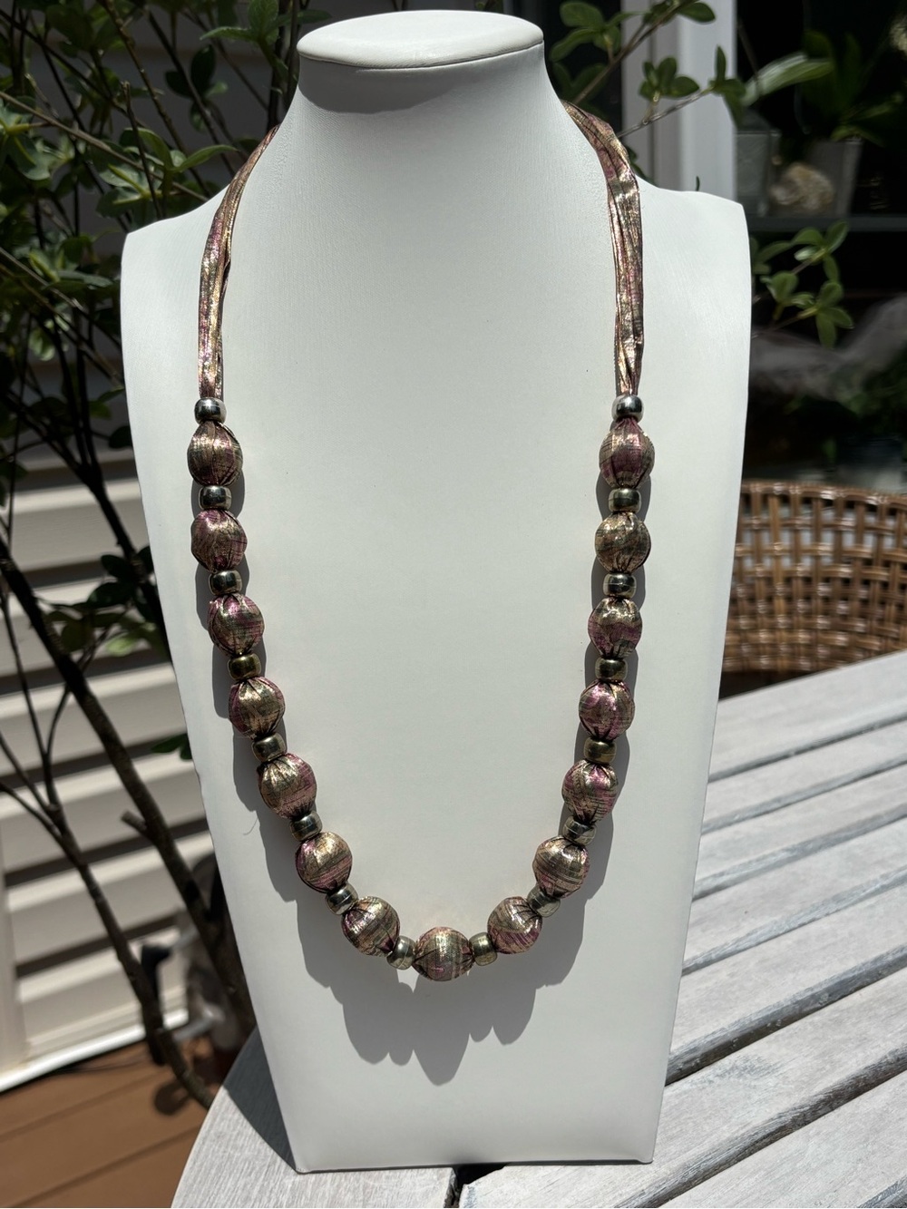 Wrapped Bead Statement Necklace | Bronze & Mauve Metallic Artisan Style Necklace